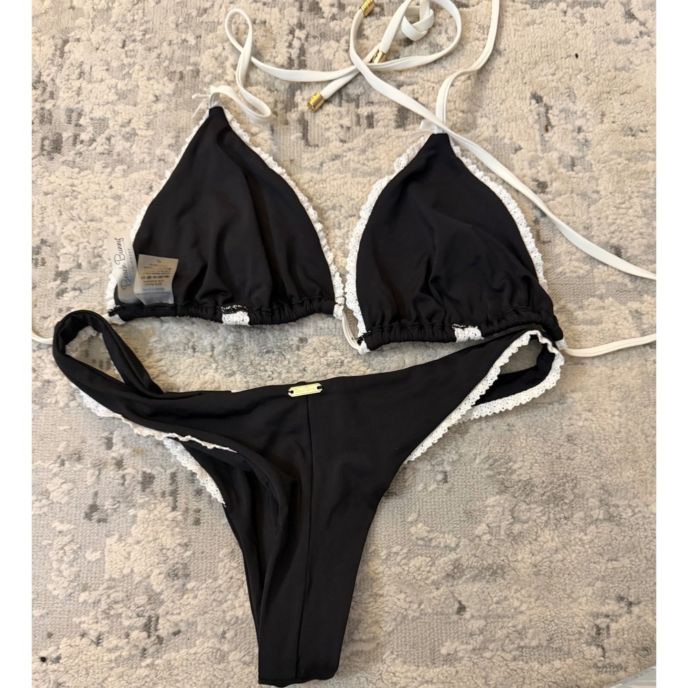 Beach Bunny Swimwear Black White Lace Ribbon Bikini Set Top XL Bottom XS rare - Picture 5 of 5